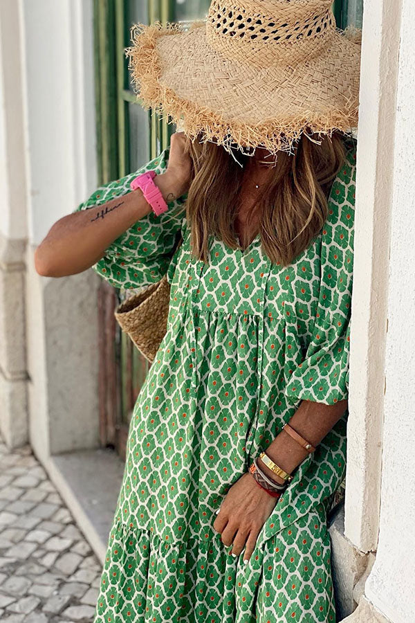 Tiered puff sleeve V-neck long dress for women