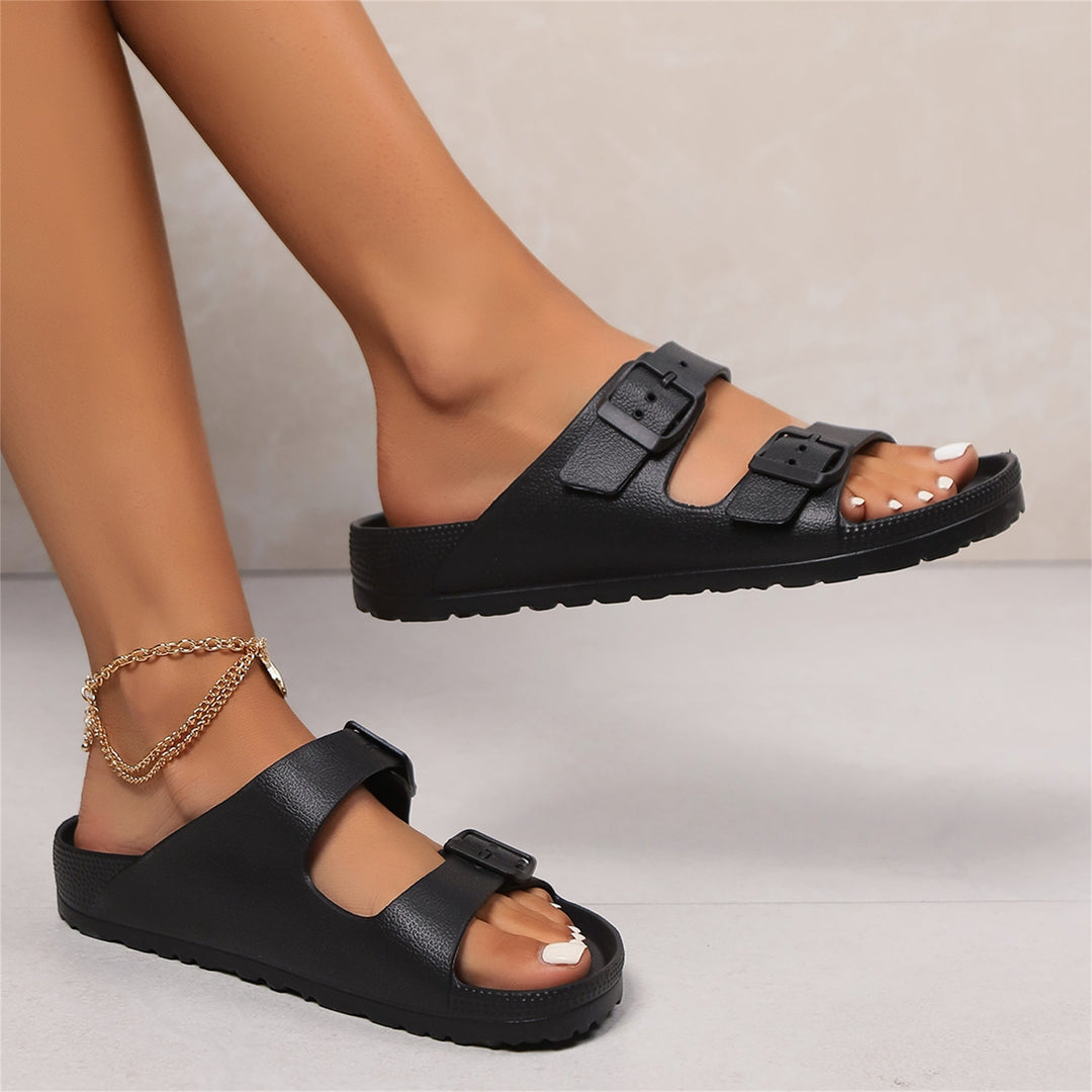Double-buckle slide sandals with cushioned footbed for women