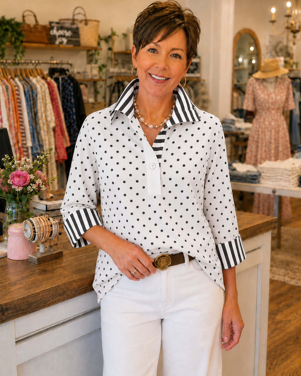 Cotton poplin polka dot blouse with striped collar for women