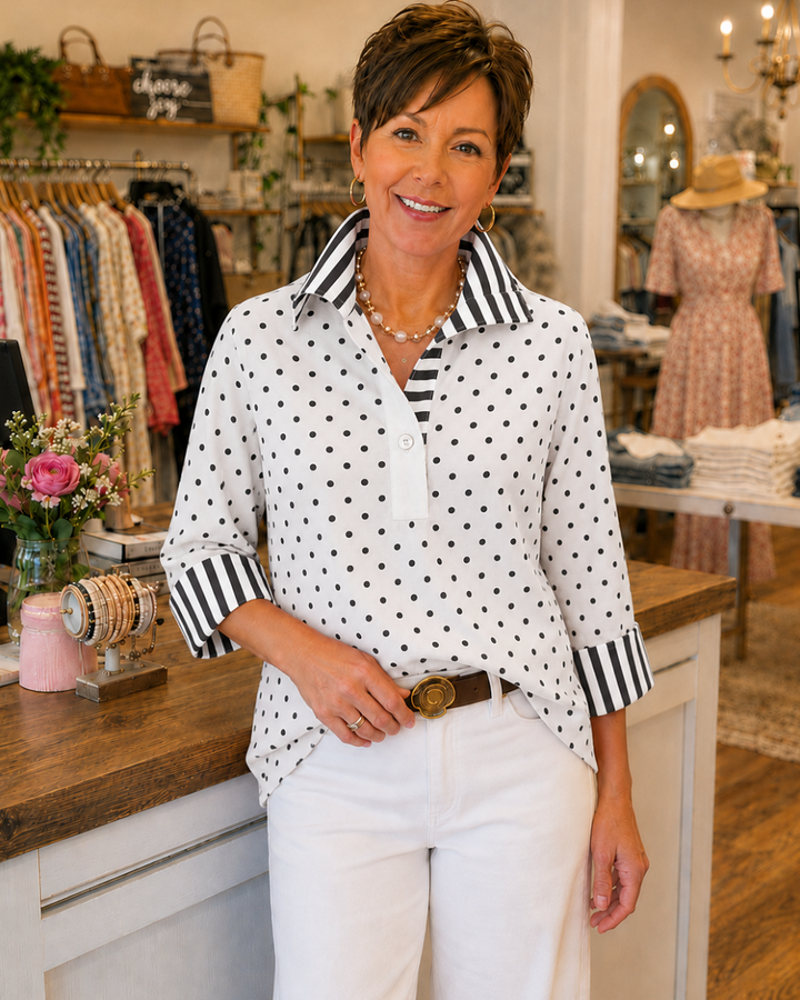 Cotton poplin polka dot blouse with striped collar for women