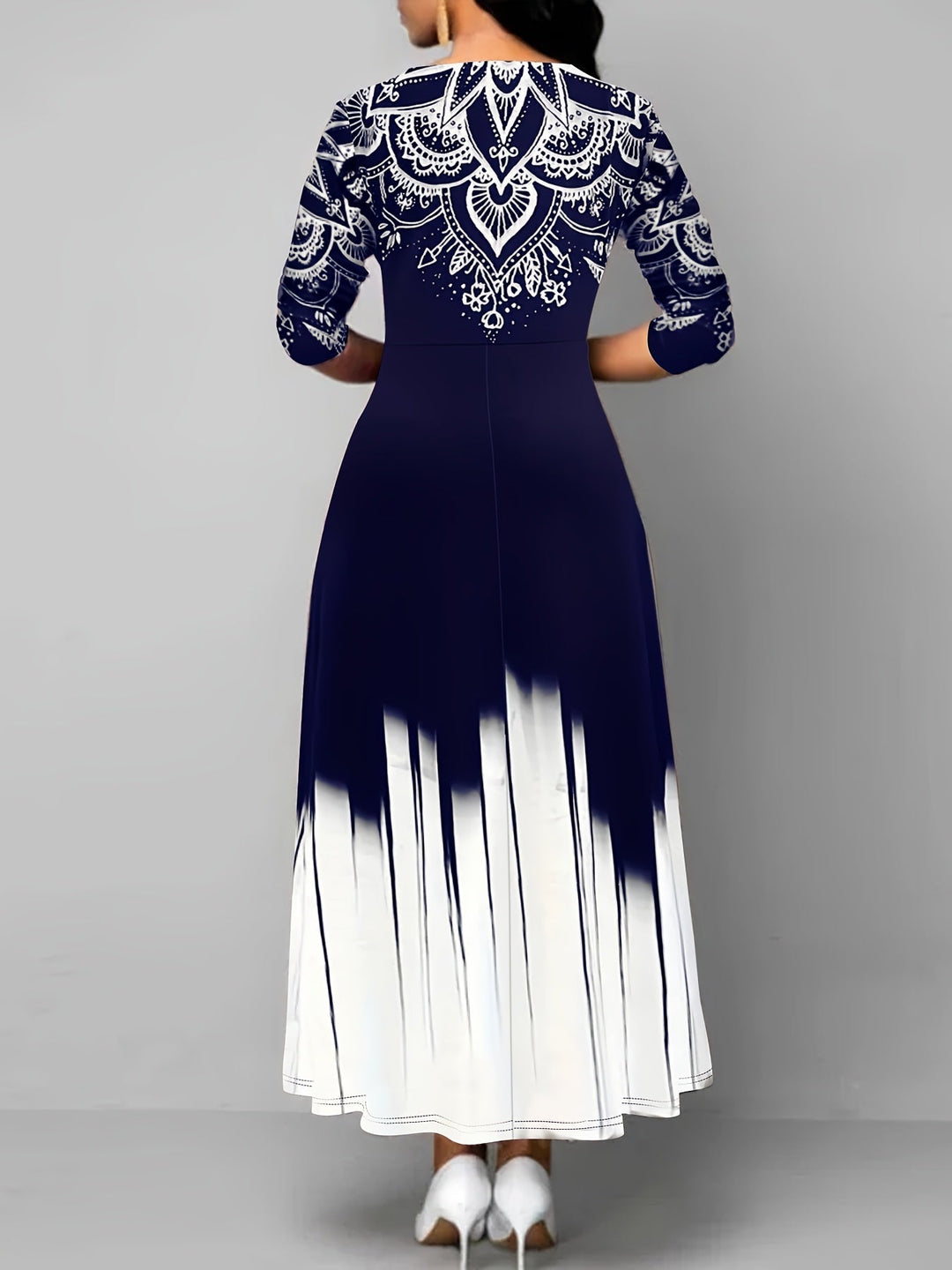 Ornamental print maxi dress with flared skirt for women