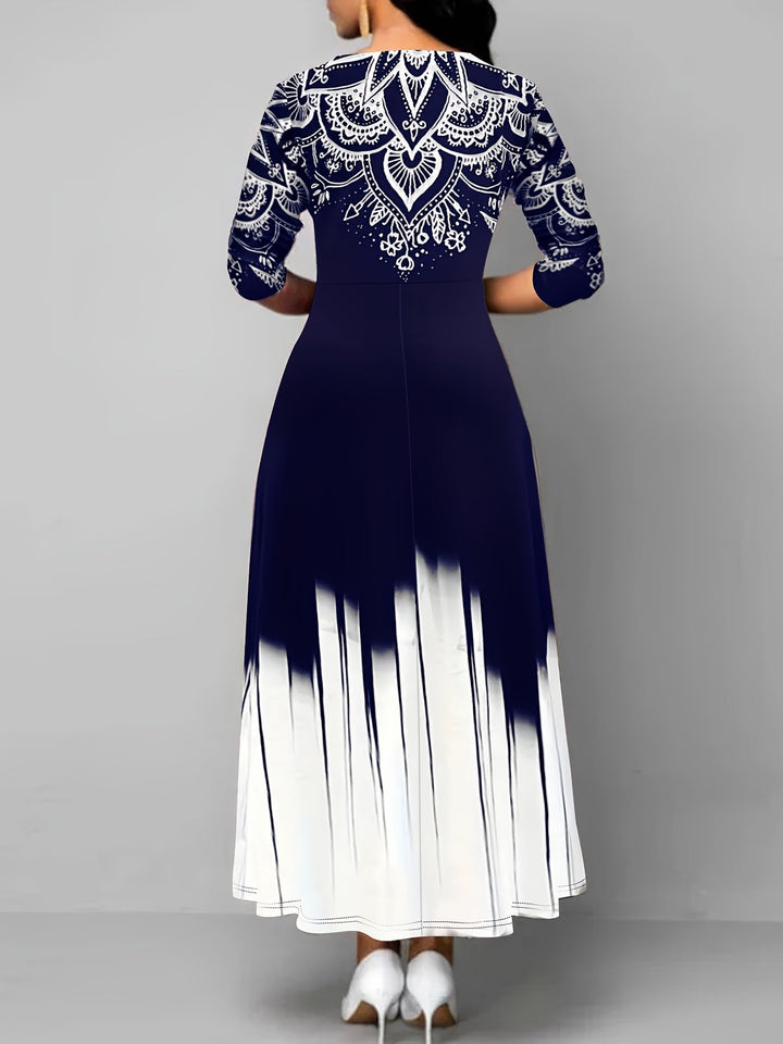 Ornamental print maxi dress with flared skirt for women