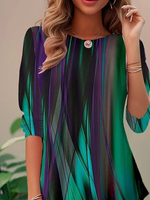 Abstract print long sleeve top with round neck for women