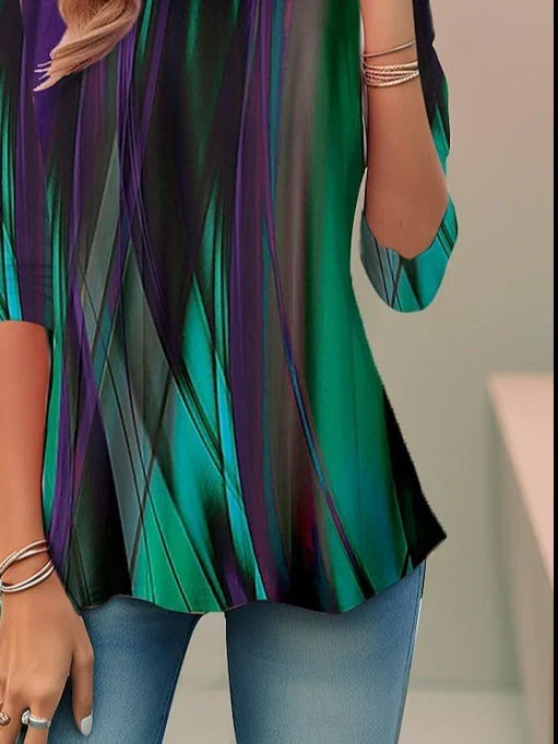 Abstract print long sleeve top with round neck for women