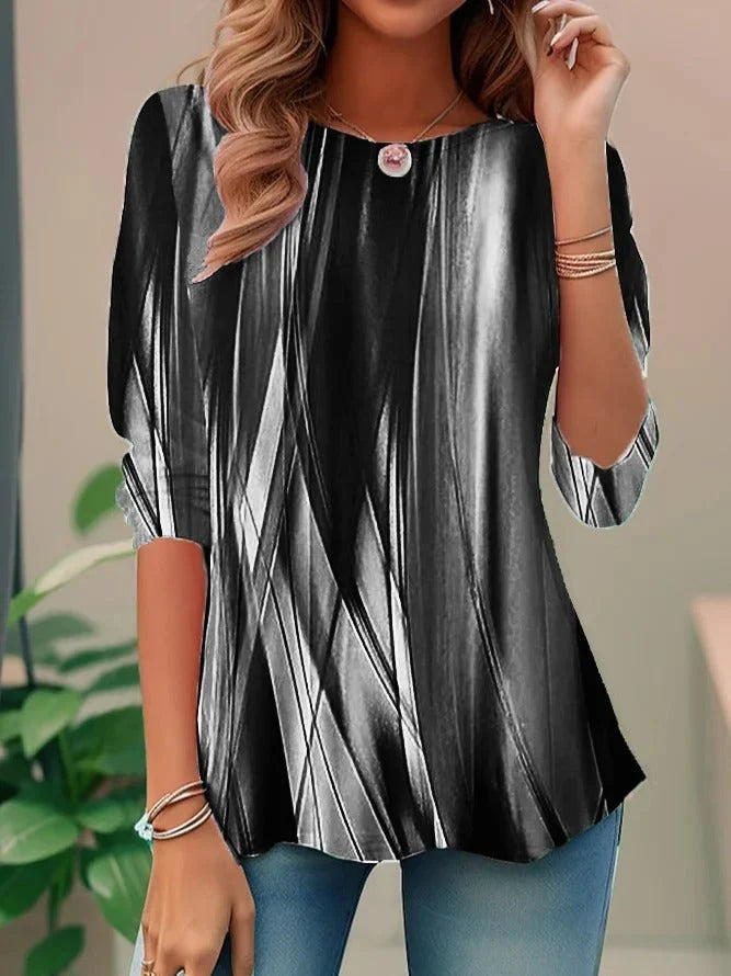 Abstract print long sleeve top with round neck for women