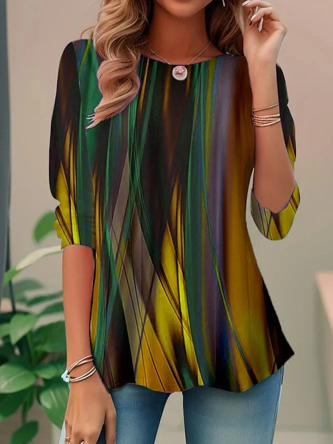 Abstract print long sleeve top with round neck for women