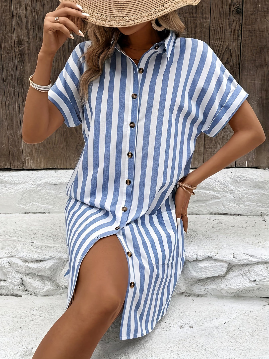 Striped shirt dress with belted waist for women