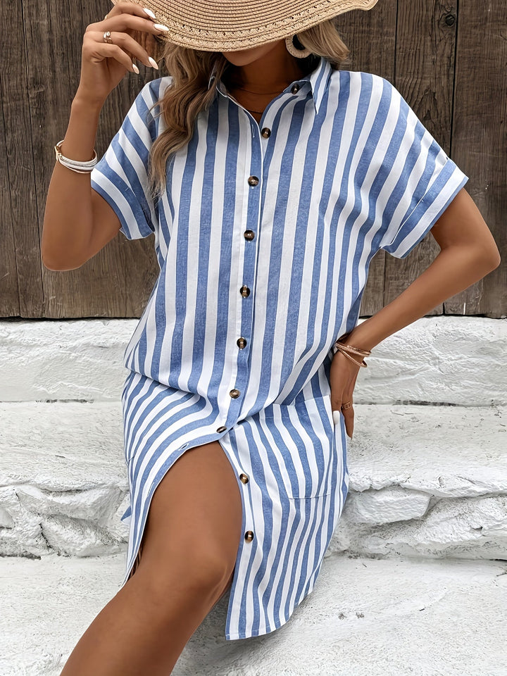 Striped shirt dress with belted waist for women