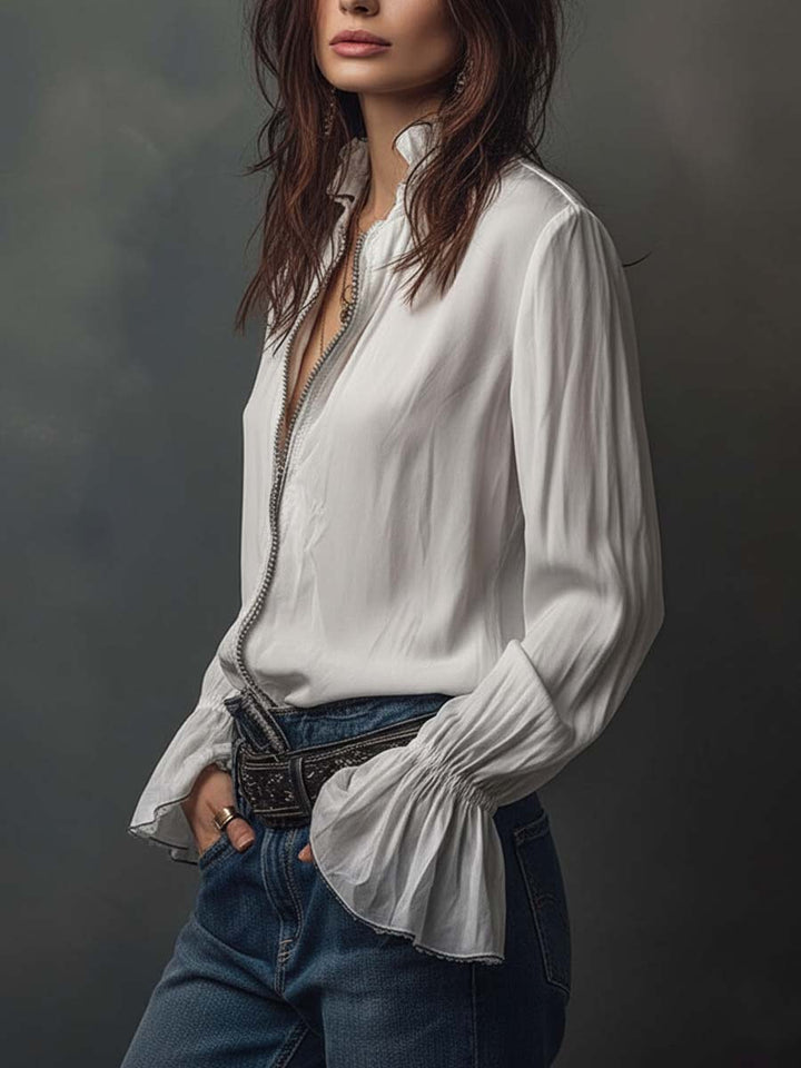 Zip-front blouse with flounce cuffs for women