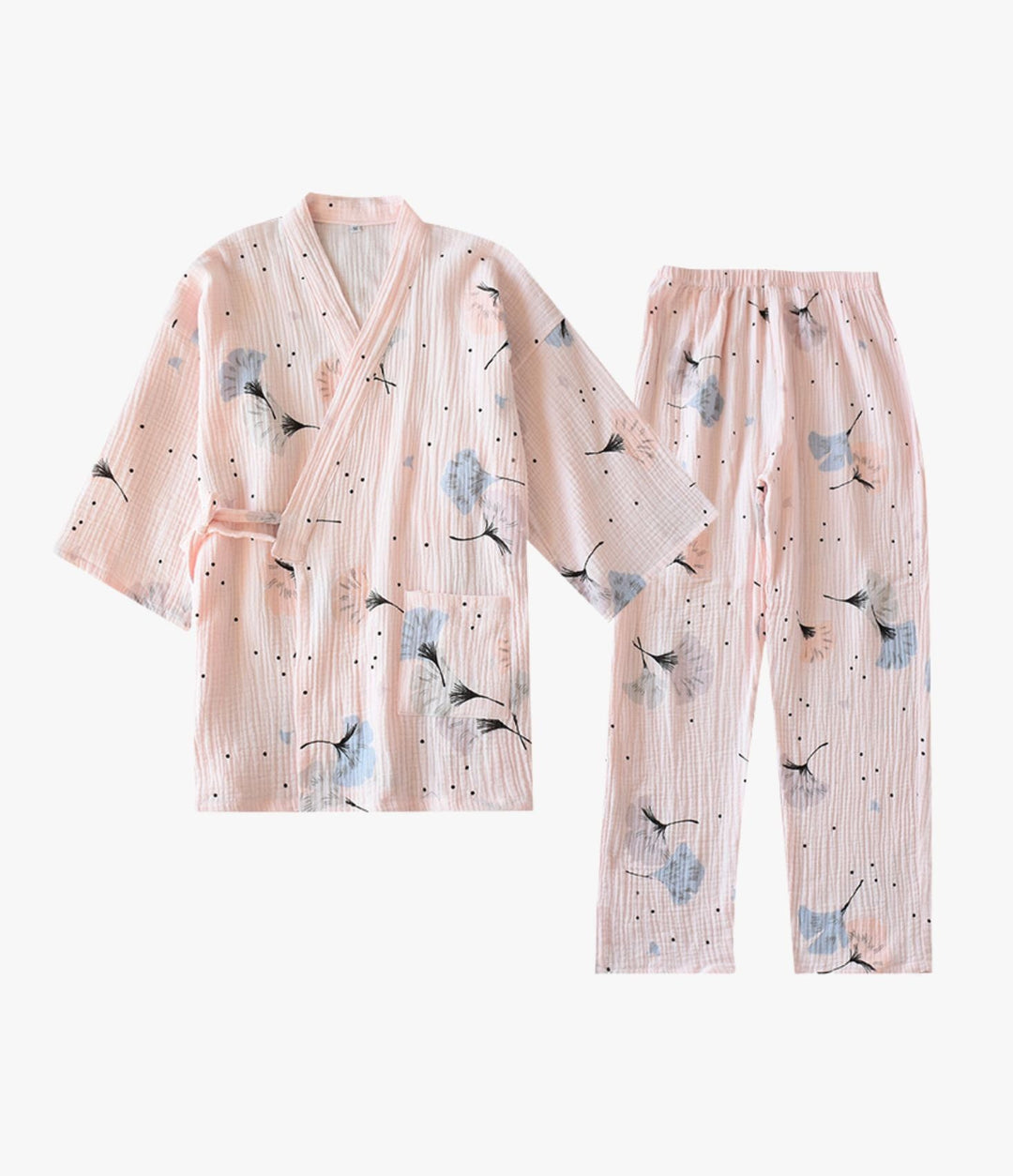 Kimono wrap top and pants lounge set with gingko leaf print for women