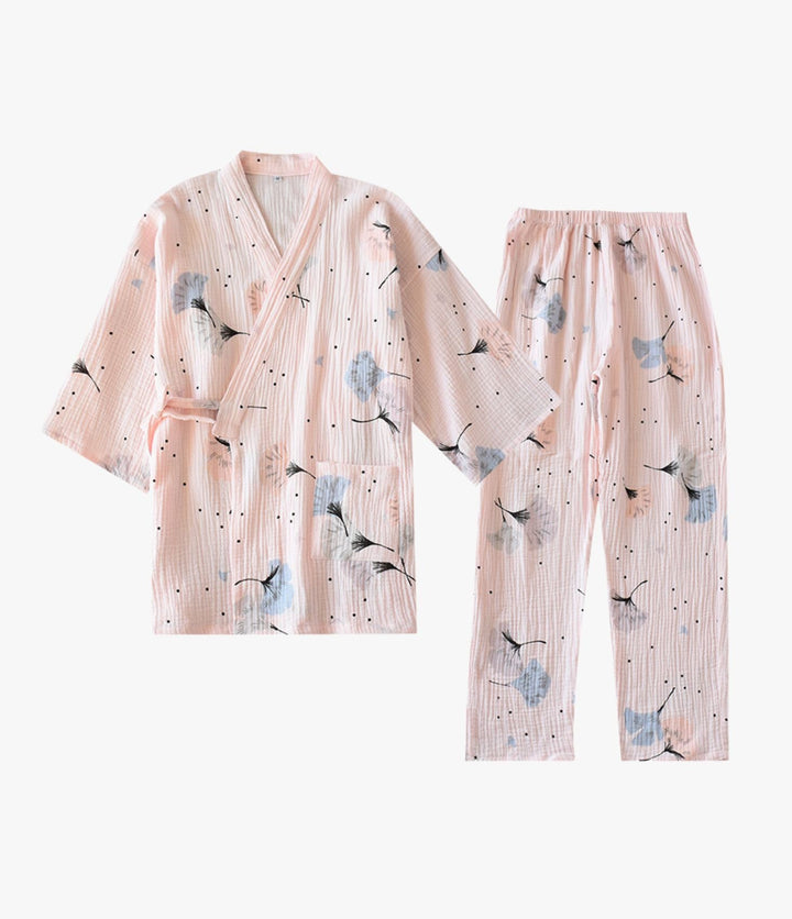 Kimono wrap top and pants lounge set with gingko leaf print for women