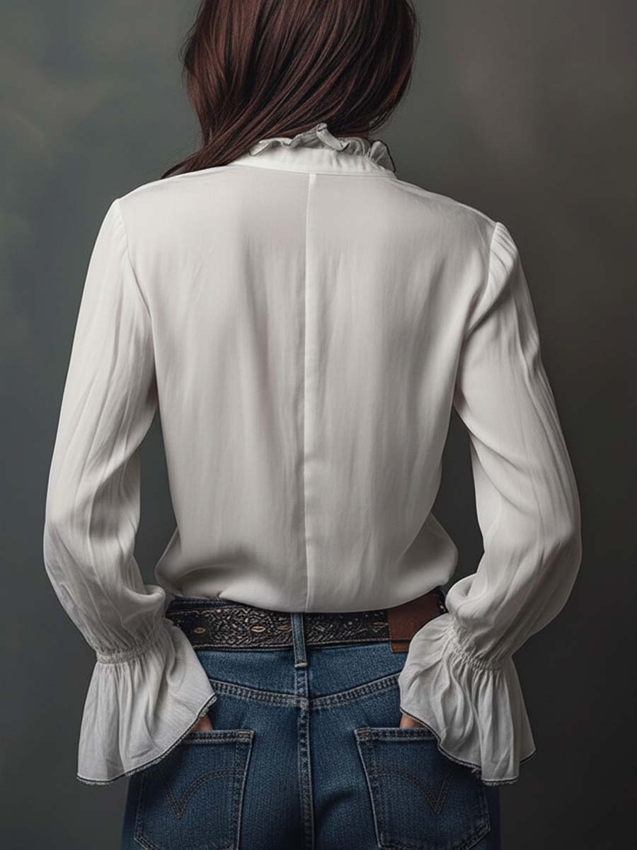 Zip-front blouse with flounce cuffs for women