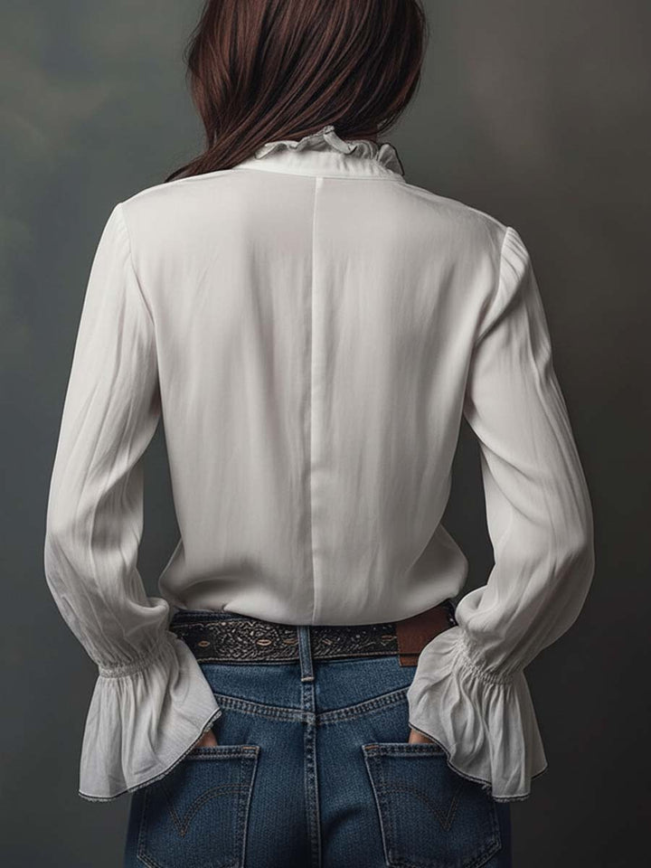 Zip-front blouse with flounce cuffs for women