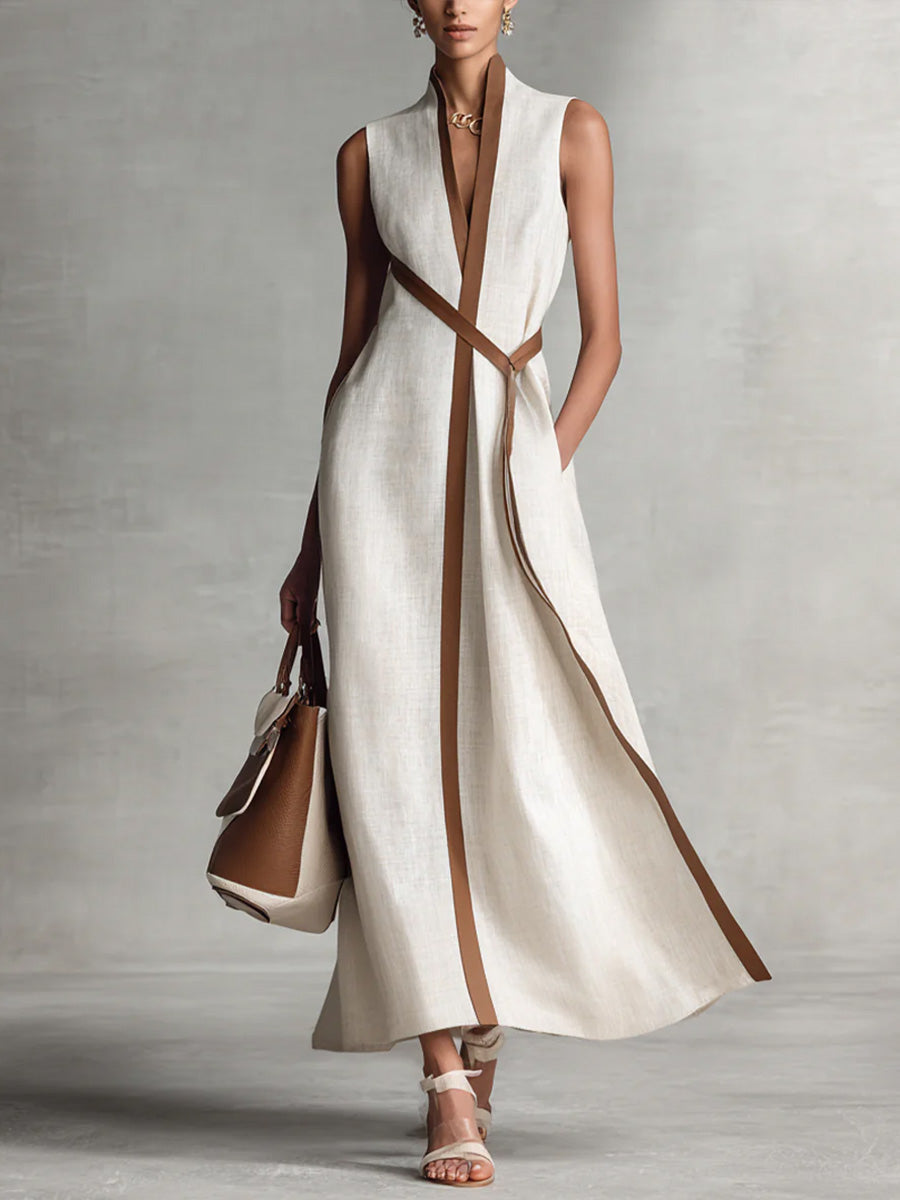 Sleeveless V-neck midi dress with contrast trim for women