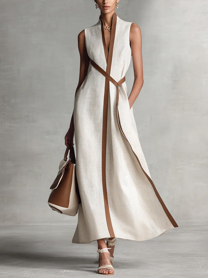 Sleeveless V-neck midi dress with contrast trim for women