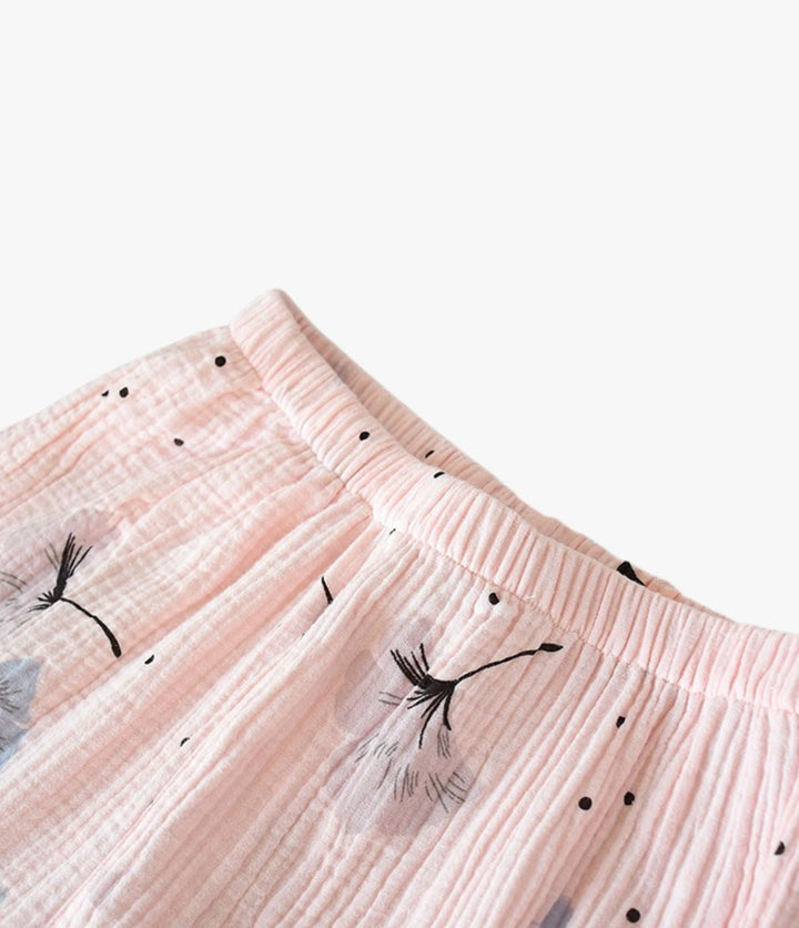 Kimono wrap top and pants lounge set with gingko leaf print for women