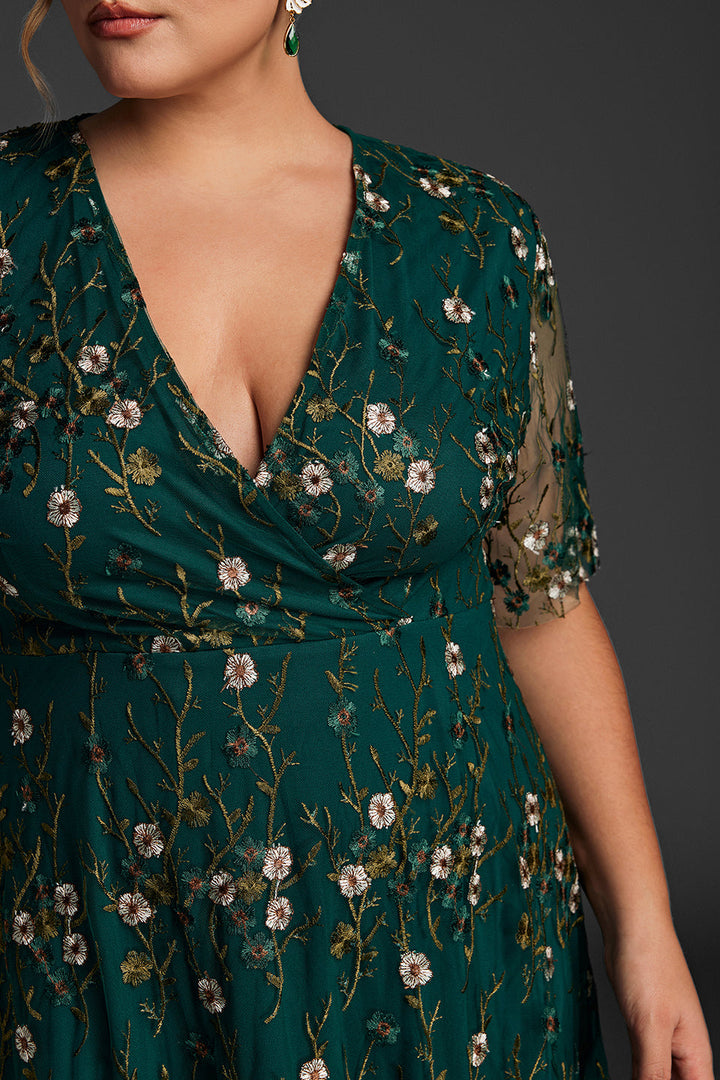 Plus size embroidered maxi dress with ruffle sleeves for women