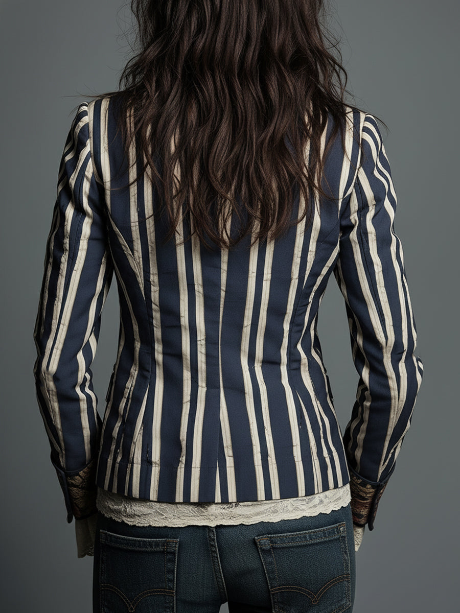 Cotton linen striped blazer with floral print for women