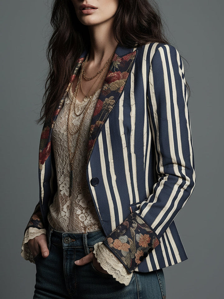 Cotton linen striped blazer with floral print for women
