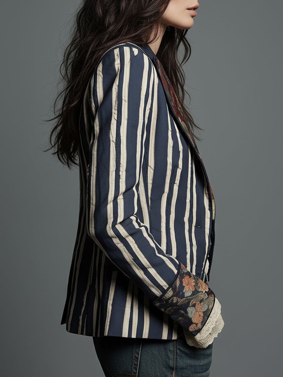 Cotton linen striped blazer with floral print for women