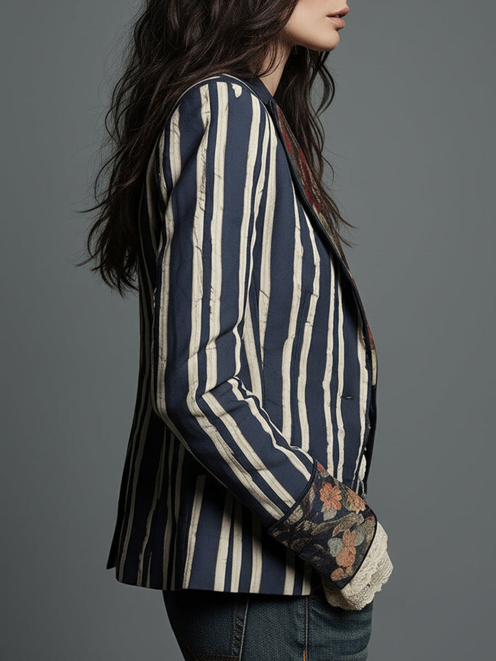 Cotton linen striped blazer with floral print for women