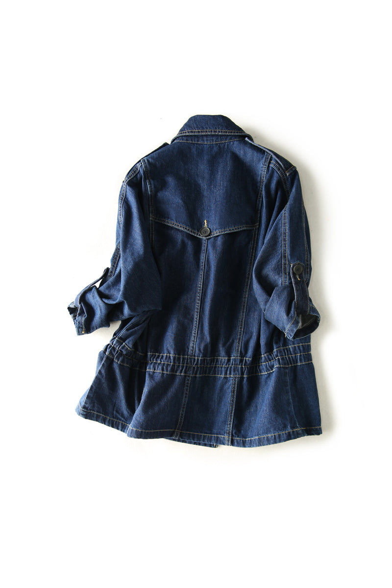 Cotton denim jacket with lapel collar and drawstring waist for women