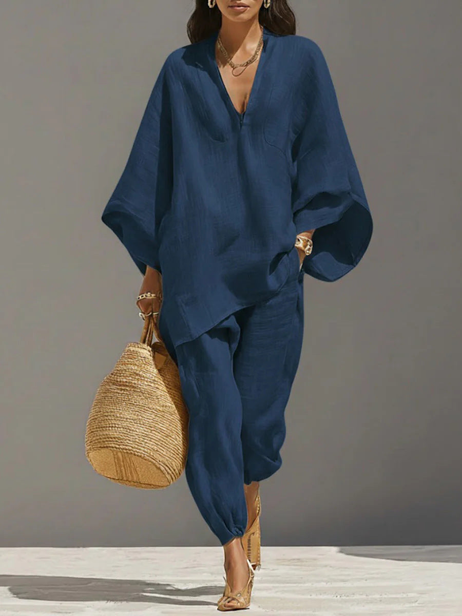Linen blend two-piece set with oversized V-neck tunic and jogger pants for women