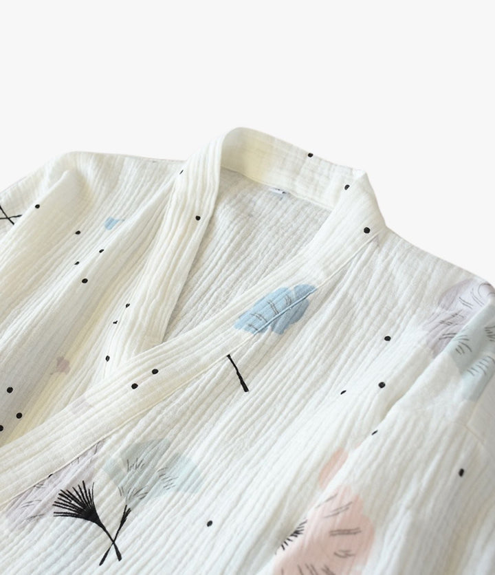 Kimono wrap top and pants lounge set with gingko leaf print for women