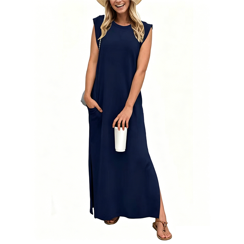 Sleeveless crew neck maxi dress with side pockets and slits for women
