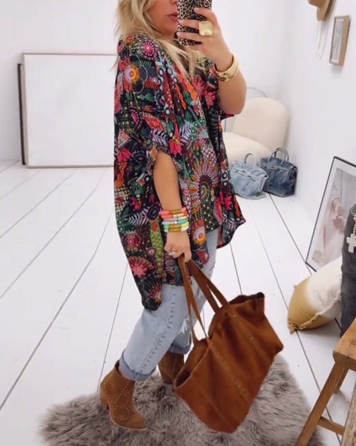 Printed blouse loose fit with lapel collar and half sleeves for women