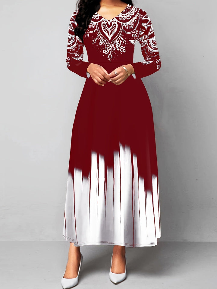 Ornamental print maxi dress with flared skirt for women
