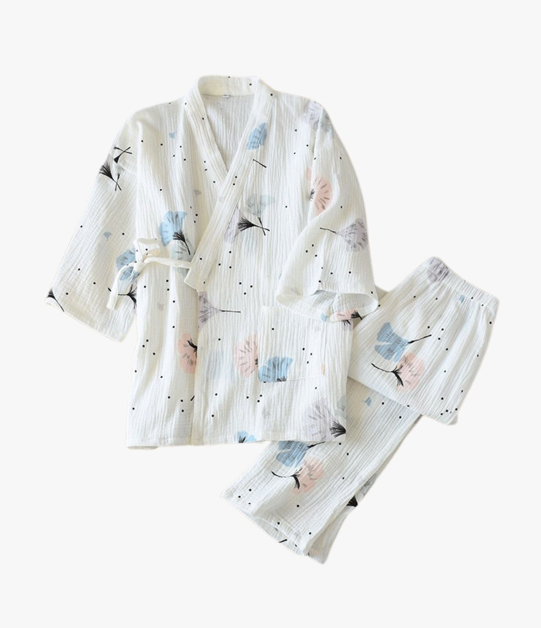 Kimono wrap top and pants lounge set with gingko leaf print for women