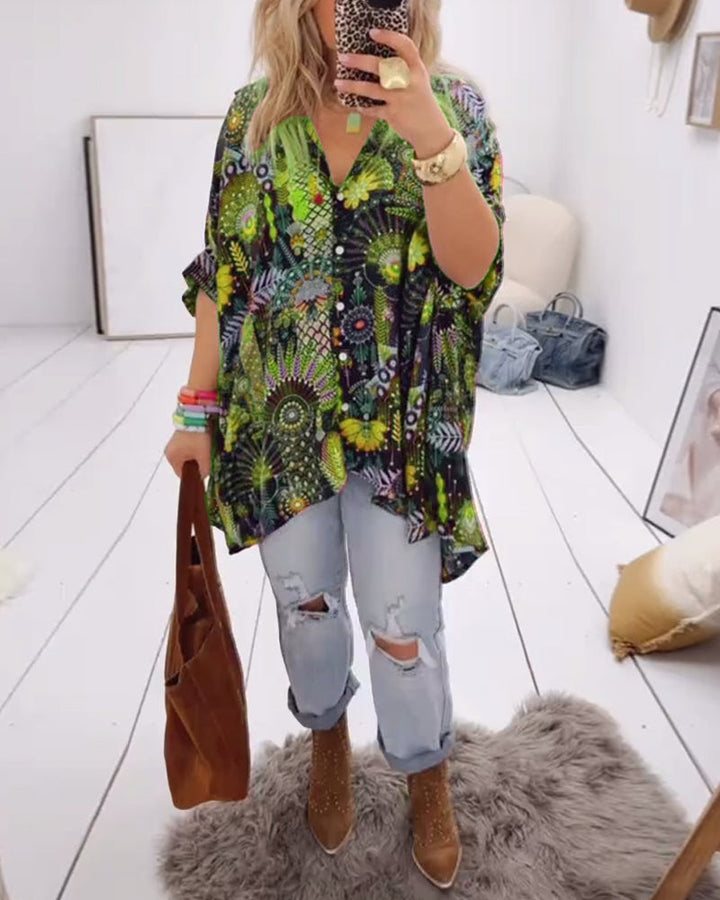 Printed blouse loose fit with lapel collar and half sleeves for women