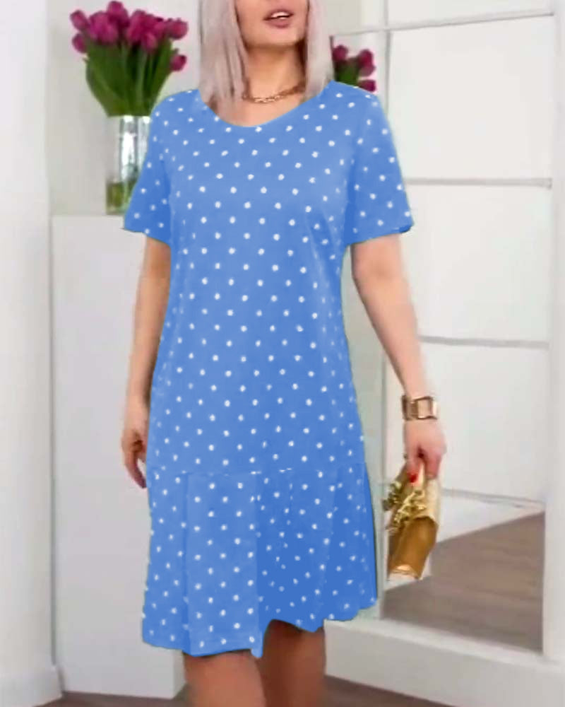Polka dot dress knee length with buttons and short sleeves for women