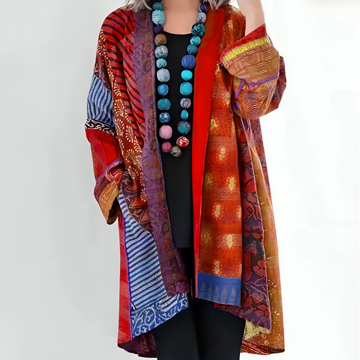 Patchwork print open front longline cardigan for women