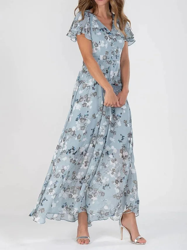 Floral midi dress with short sleeves for women