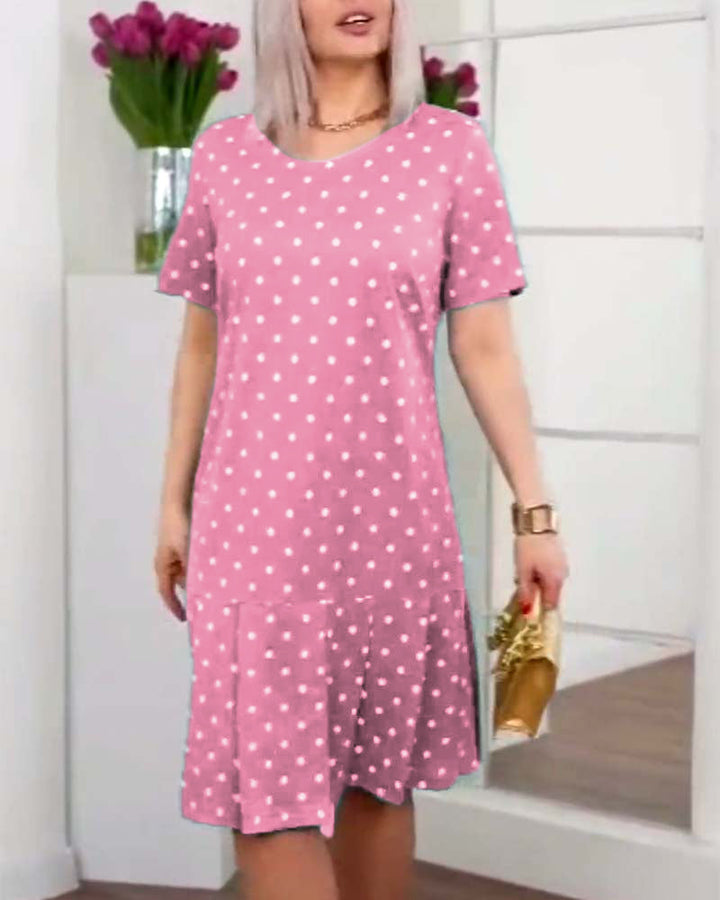 Polka dot dress knee length with buttons and short sleeves for women