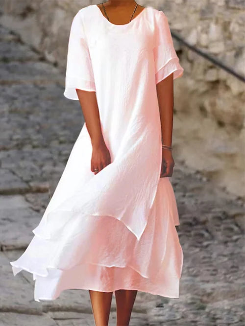 Colour-block double-layer dress with short sleeves and side slit for women