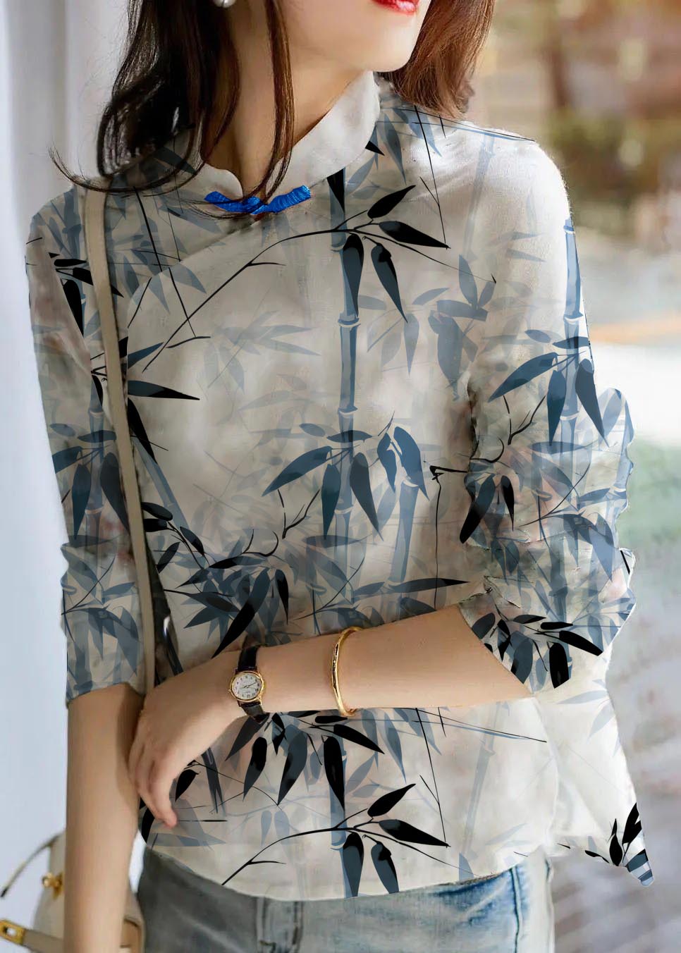 Linen floral print blouse with long sleeves for women