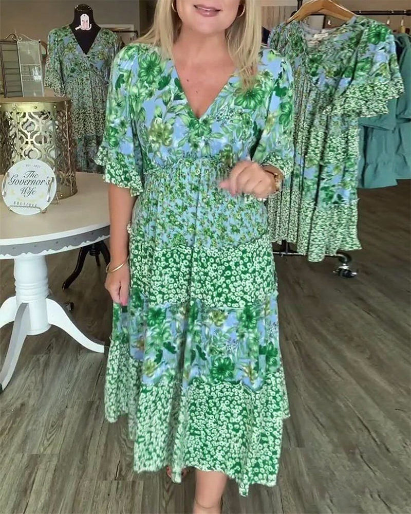 Floral maxi dress with V-neck and ruffle half sleeves for women