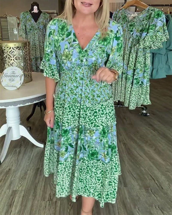 Floral maxi dress with V-neck and ruffle half sleeves for women