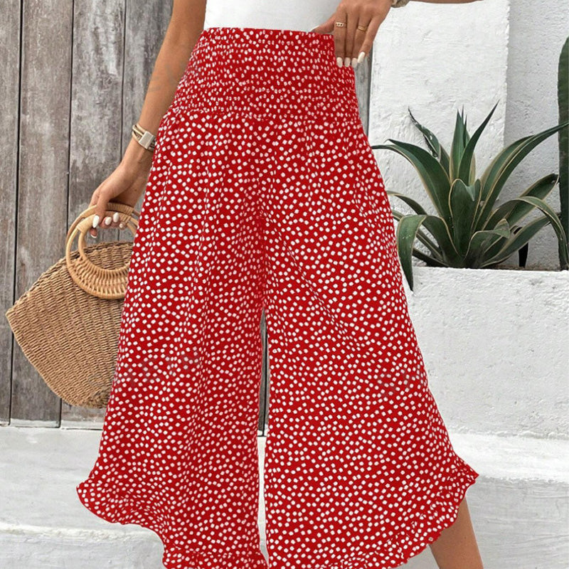 Printed wide leg pants with high elastic waist and ruffle hem for women