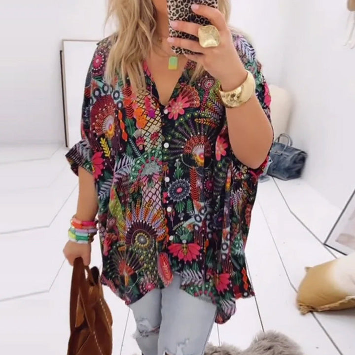 Printed blouse loose fit with lapel collar and half sleeves for women