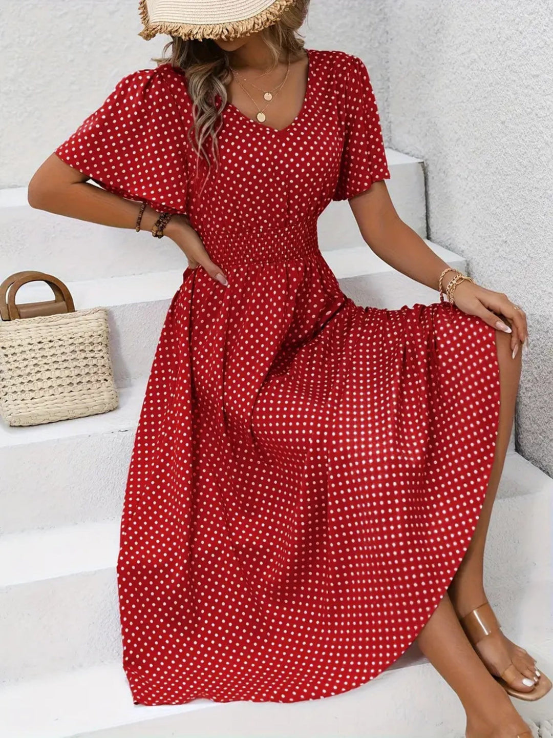 Polka dot maxi dress with flutter sleeves and shaped waist for women