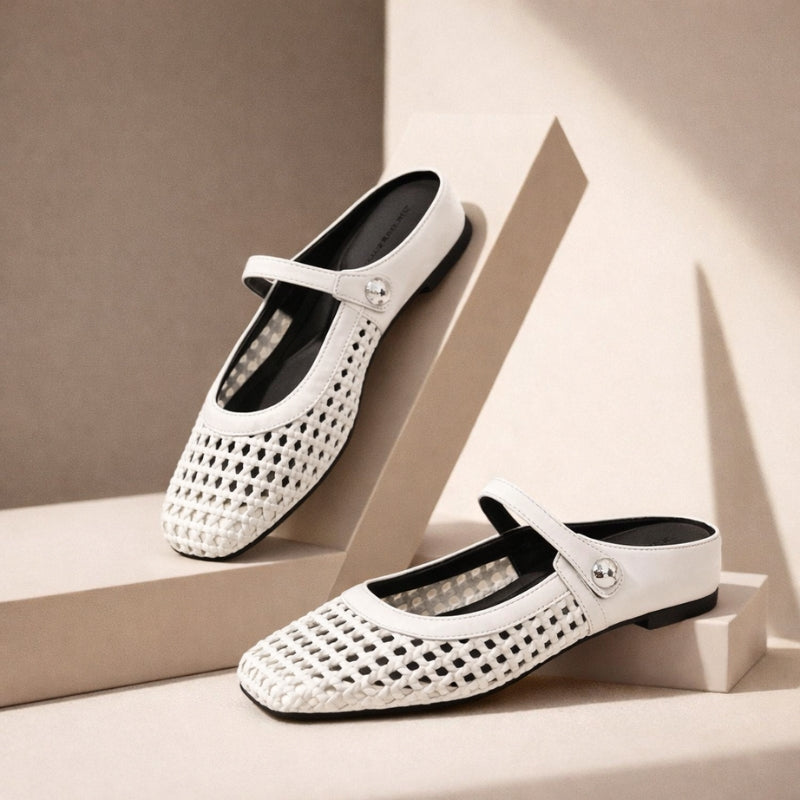 Woven mule flats with Mary Jane strap for women