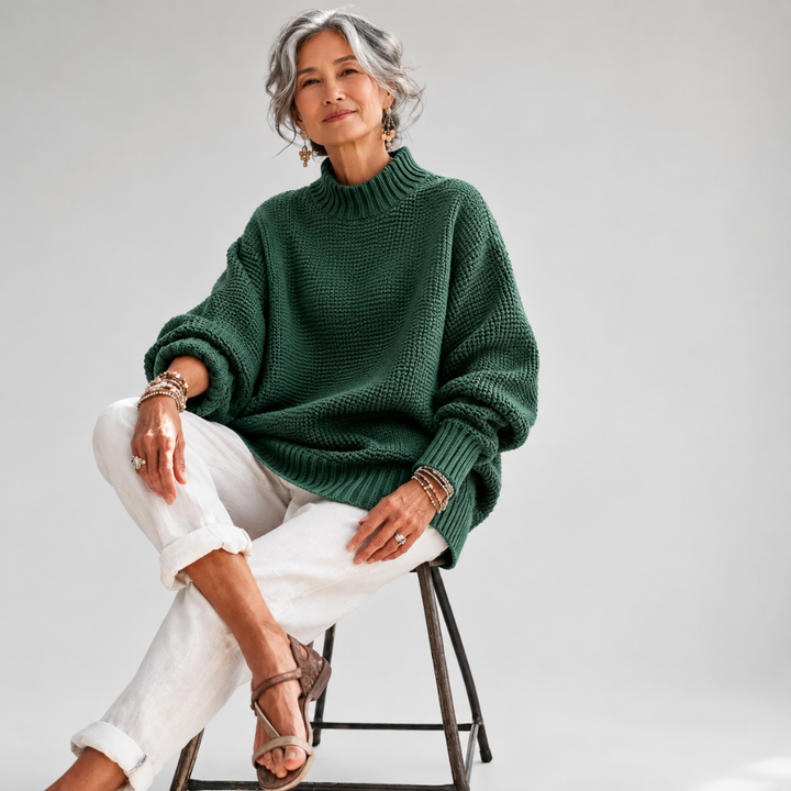 Mock neck chunky knit sweater relaxed fit for women