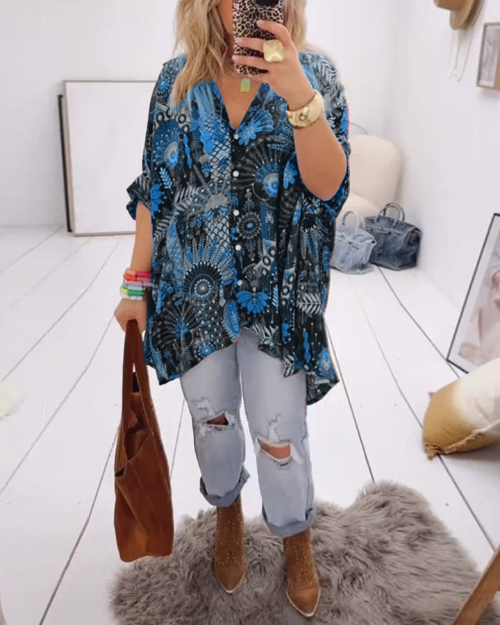 Printed blouse loose fit with lapel collar and half sleeves for women