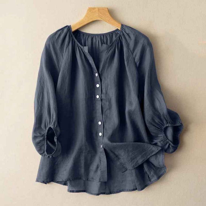Cotton-linen puff sleeve blouse for women