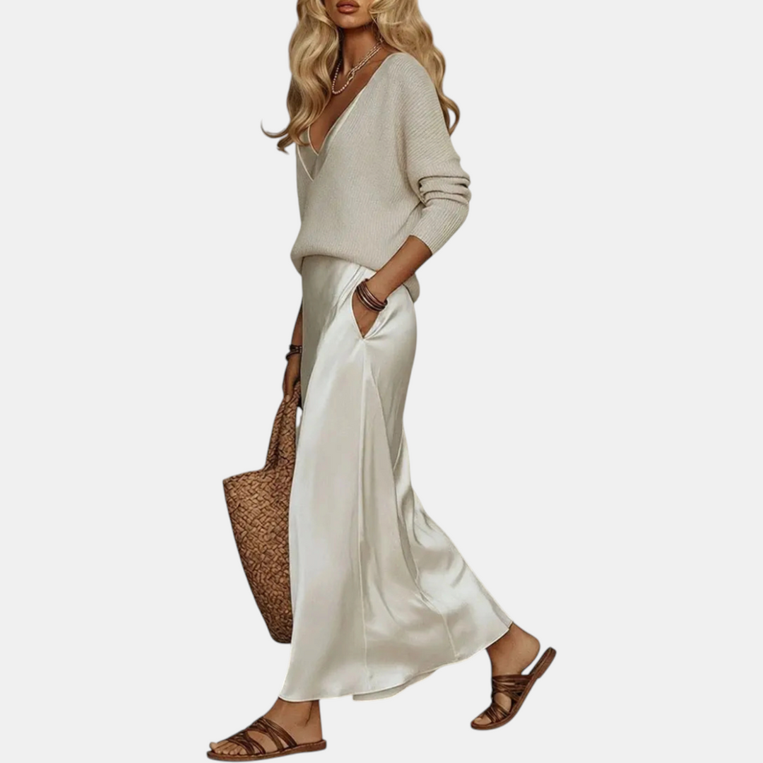Knit sweater and satin midi skirt set two-piece for women