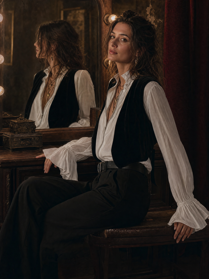 Zip-front blouse with flounce cuffs for women